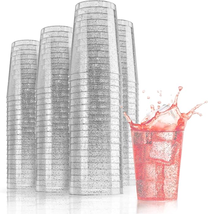 Exquisite Silver Plastic Cups Disposable, Clear Plastic Tumblers 10 Oz. 120 Ct. - Glitter Tumblers, Silver Glitter Cups Disposable For Party, Weddings, Cocktail Glasses & Wine Glasses