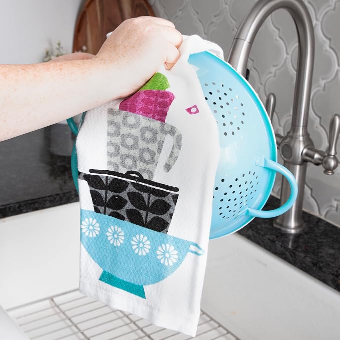 T-Fal Textiles Double Sided Print Woven Cotton Kitchen Dish Towel Set, 2-Pack, 16" x 26", Pots & Pans Print