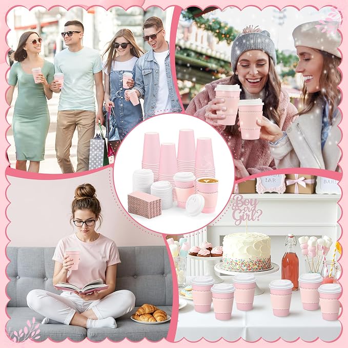 NatNarr 60 Pack Pink Coffee Cups with Lids Sleeves, 12oz Insulated To Go Paper Cups Pink Party Cups Disposable Paper Cups, Drinking Cups for Wedding Birthday Baby Bridal Shower Party Supplies