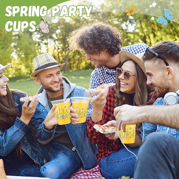 100 Pack Wildflowers Plastic Cups 12 oz Flower Floral Botanical Disposable Clear Plastic Drinking Cups Bulk for Summer Spring Wedding Bridal Baby Shower Birthday Party Decoration Supplies