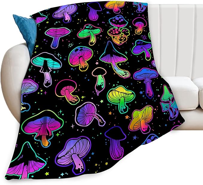 Colorful Mushroom Blanket for Girls, Women, Kids & Adults - Soft, Warm & Cozy Fleece Blanket for Couch, Sofa & Bed - 50"x40"