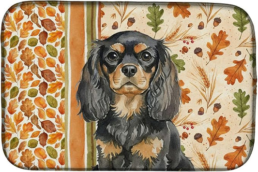 Caroline's Treasures Black and Tan English Toy Spaniel Heirloom Fall Dish Drying Mat Absorbent Dish Drying Mat Pad for Kitchen Counter Dish Drainer Mat for Countertop, 14 x 21", Multicolor