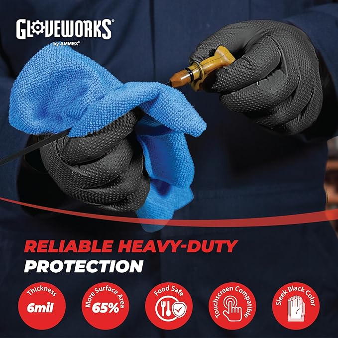 GLOVEWORKS Black Nitrile Gloves 6 Mil, Disposable, Raised Diamond Texture, Latex Free, Food Safe, Industrial Mechanic Glove