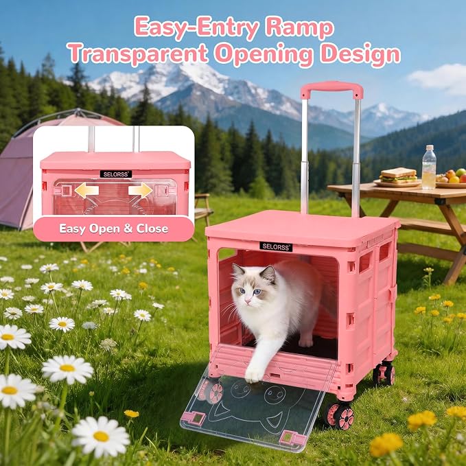 FELICON SELORSS Folding Utility Cart Portable Rolling Crate Handcart on Rotate Wheels with Magnetic Sliding Lid Telescoping Handle Lockable Transparent Front Panel for Travel Shop Office Teacher(Pink)