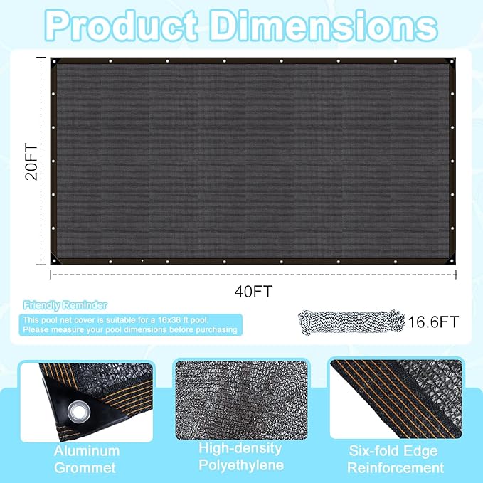 2026 Upgraded 20 X 40FT Pool Leaf Cover Rectangular Pool Leaf Net Cover Black Fine Mesh Pool Cover with Reinforced Grommets Pool Net Cover for Spring Autumn Capturing Leaves Summer Outdoor Shade
