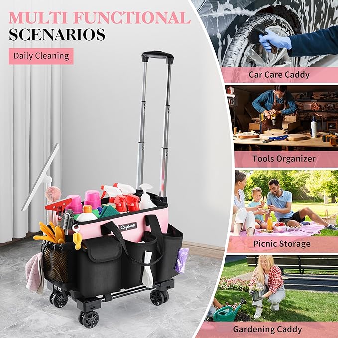 Chyaidach Rolling Cleaning Caddy, Cleaning Supplies Organizer with Trolley, Wearable Cleaning Tote Bag on Wheels with Hard Bottom, Cleaning Carts for Housekeepers/Home/Car/Office/Picnic (Pink)