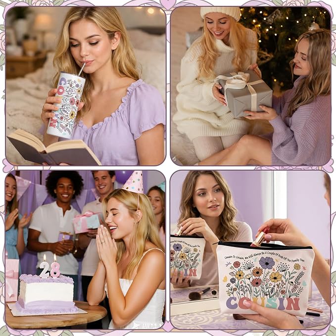 Patelai 7 Pcs Cousin Gifts for Women, Thank You Gift for Cousin with 20oz Tumbler Tote Bag Candle Socks Makeup Pouch Keychain Card for Wedding Birthday Family Appreciation
