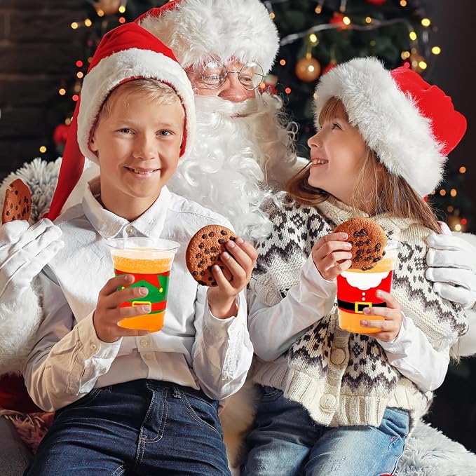 JarThenaAMCS 100Pcs Christmas Disposable Plastic Cups Santa Elf Snowman Gingerbread Man Cold Beverage Drinking Cups for Xmas Holiday Party Supplies, 12 oz