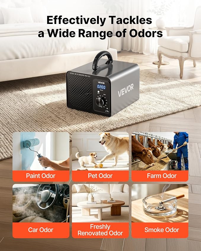VEVOR Ozone Generator, 36000mg/h Commercial Ozone Machine, 15s Delayed Start & Timer & Rotary Encoder Knob & Odor-Treatment Cycle Mode, Industrial Deodorizer for Car, Smoke Odorss,Up to 3200 sq.ft