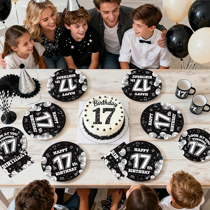 96 Pcs 17th Birthday Decorations for Boys Girls Black White 17th Party Plates Disposable Look At You Turning 17 Paper Tableware Set for 17 Year Old Birthday Party Supplies Serves 24