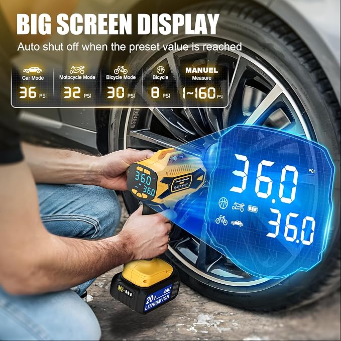 DIYtoolifz 2X Faster Cordless Tire Inflator Air Compressor 20V Rechargeable Battery Powered 160PSI Portable Air Pump with Digital Pressure Gauge, Auto Shutoff & LED Light for Cars SUV Motorcycles