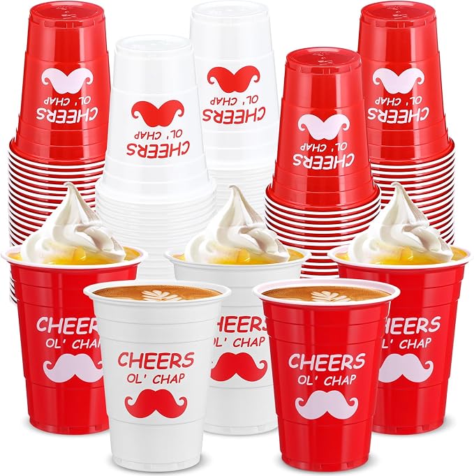 Qinyoung 50 Pcs British Party Disposable Cups Plastic 16 oz Red & White Drinking Cups for Beverage Beer Coffee British Theme Birthday Party Supplies Decorations