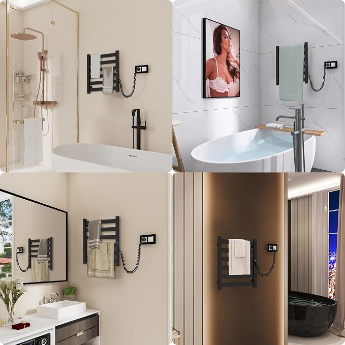 6-Bar Wall Mounted Towel Warmer Rack, Electric Heated Towel Rack for Bathroom, Fast Heating & Constant Temperature, Built-in Timer & Adjustable Temp, Plug-in, Matte Black