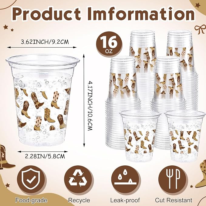 Jingmore 100 Pcs Western Plastic Cups 12 oz Clear Disposable Plastic Cowboy Cowgirl Drinking Cups Bulk for Boho Preppy Baby Shower Birthday Wild West Party Decoration Supplies(Cowboy Shoes,Brown)