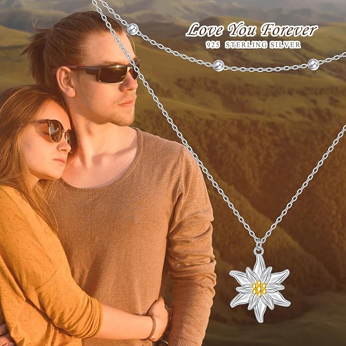 FLYOW Layered Choker Necklace S925 Sterling Silver Star Full Moon Daisy Flower Pendant Disc Jewelry Adjustable Clavicle Necklaces for Women Girls Birthday Gifts
