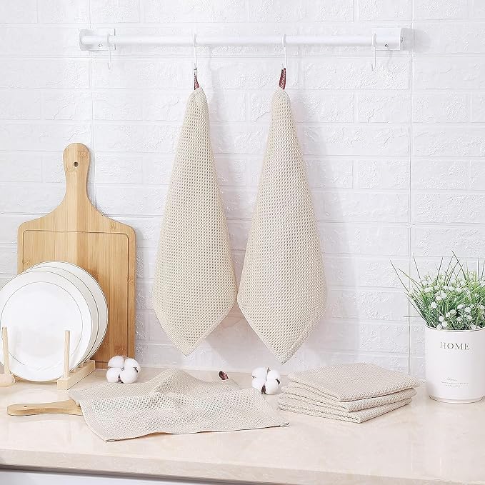 Kitinjoy 100% Cotton Kitchen Dish Cloths (12 X 12 Inches, Beige), 8 Pack Waffle Weave Ultra Soft Absorbent Dish Towels for Drying Dishes Quick Drying Kitchen Towels Dish Rags