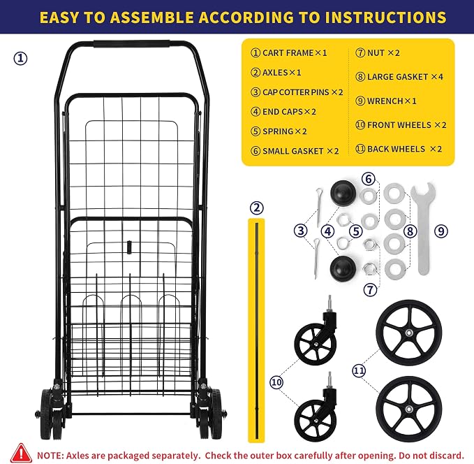 BIEAMA Folding Shopping Cart with Waterproof Liner, Grocery Cart 200 Lb | Utility Cart with Large Bag, Top Cover, 360 Rolling Swivel Wheels, Extra Basket