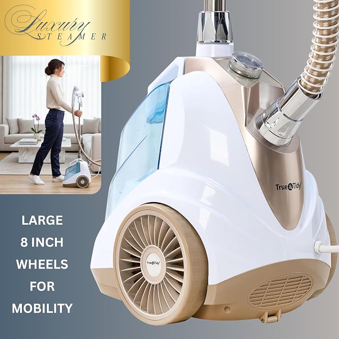 True & Tidy Luxury Upright Commercial Garment Steamer, Smart Auto Shut-Off Technology, 10 Steam Settings w/Wheels, 1800W Powerful Standing Clothes Steamer Fast Wrinkle Removal for Home & Business Use