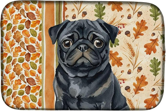 Caroline's Treasures Black Pug Heirloom Fall Dish Drying Mat Absorbent Dish Drying Mat Pad for Kitchen Counter Dish Drainer Mat for Countertop, 14 x 21", Multicolor