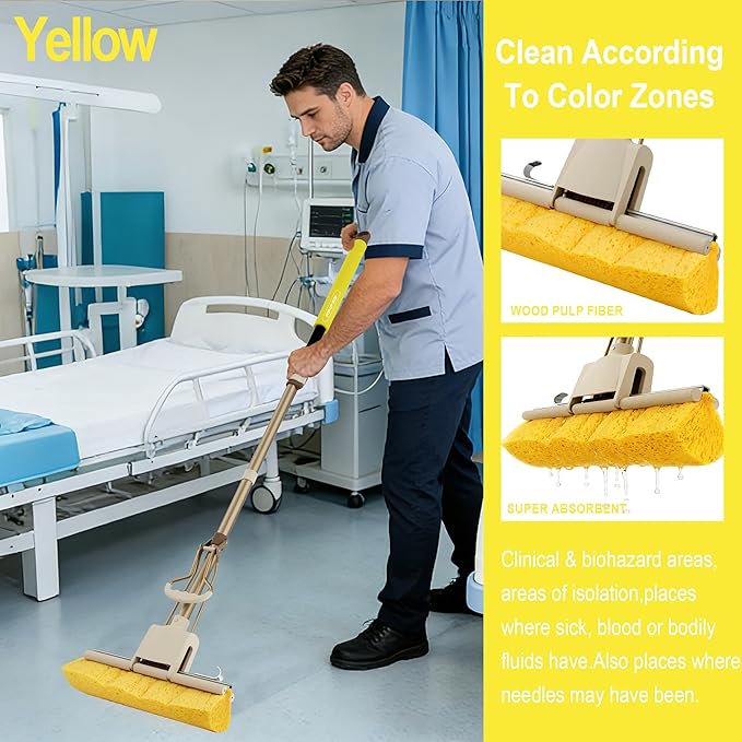 LILAC Cellulose Sponge Mop with 2 Replacement Heads, 4-Color Handle Choices for Zoned Cleaning, Super Absorbent Pop Up Roller Mop for Hardwood,Laminate Floors, Heavy Duty Floor Scrubber (Yellow)