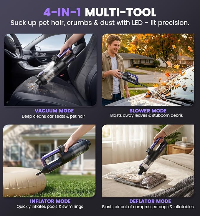 Car Vacuum Portable Cordless, 4-in-1 18000Pa Handheld Vacuum Cordless with LED Light, 120W Brushless Motor, 6000mAh Rechargeable Hand Mini Vacuum with Multi-Nozzles for Car, Home, Office & Pet Hair