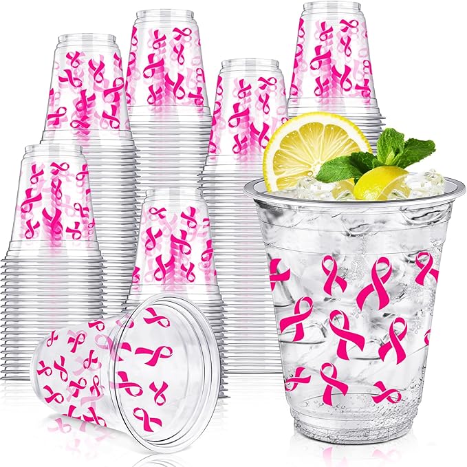 Uiifan 50 Pcs Breast Cancer Awareness Cups Bulk 12 oz Pink Ribbon Disposable Plastic Cups Breast Cancer Awareness Accessories for Charity Event Women Party Supplies Cold Beverage Drinking Tumblers