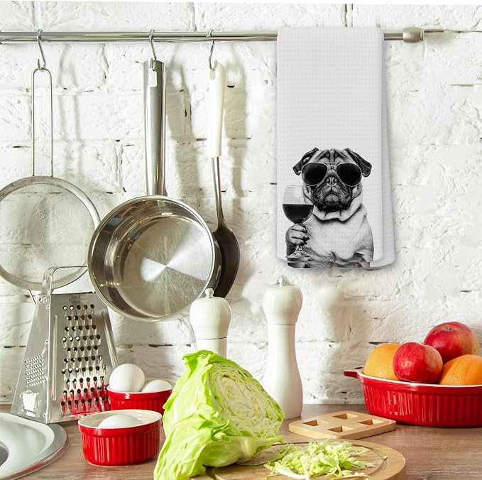 Funny Pug Wine Kitchen Towels, Gifts for Dog Wine Lovers, Bar Accessories Dish Tea Towels for Kitchen, Dog Owners Housewarming Gift Decorative Hand Towel 16x24 Inch