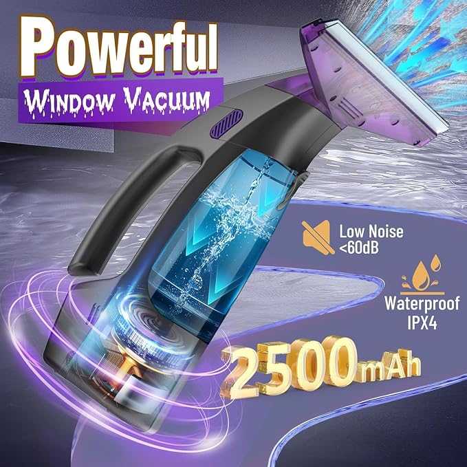 Window Vacuum Squeegee Cordless, 2000Pa Electric Window Cleaner Tool with Power Blade, Handheld Window Cleaning Kit for Streak-Free Glass, Shower Doors, Mirrors, Tiles, Car Windows