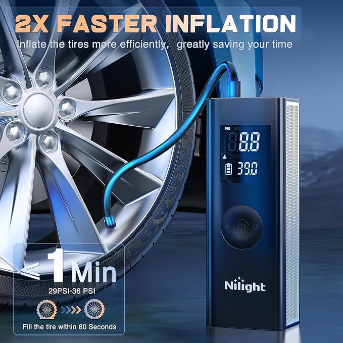 Nilight Tire Inflator Portable Air Compressor Battery Powered Rechargeable 12VDC 150PSI Cordless Tire Pump w/Digital Pressure Gauge 2X Faster Inflation Air Pump for Car Motorcycle
