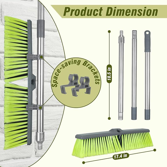 18" Push Broom with 47" Long Handle, Multi-Surface Floor Scrub Brush for Cleaning Deck, Patio, Garage, Driveway