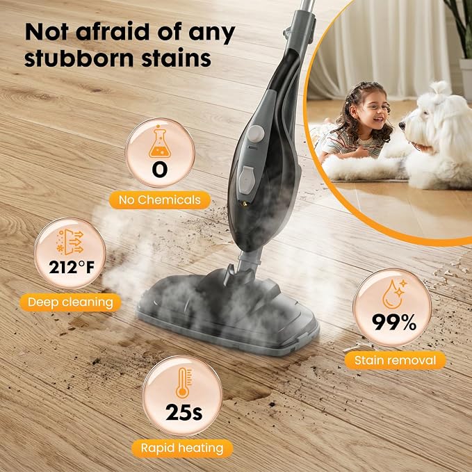 14-in-1 Steam Mop, 1550W Detachable Handheld Steam Cleaner for Floor Cleaning, 16.4 FT Cord, 2 Washable Pads, Multi-Purpose Floor Steamer for Hardwood, Carpet, Tile, Grout