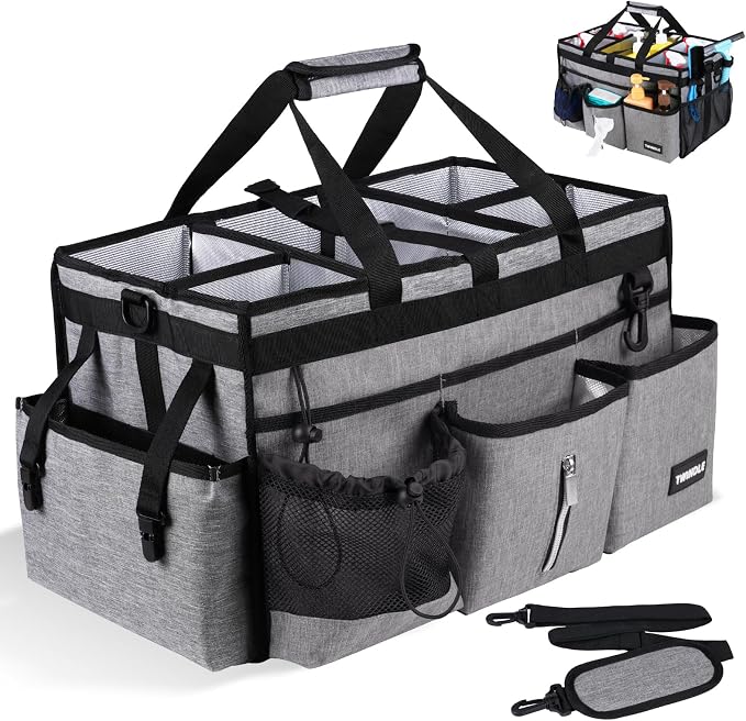 Extra Large Cleaning Caddy Bag with Rigid Support Board, Cleaning Organizer Tote with Detachable Divider, Adjustable Shoulder Strap & Waist Belt, Cleaning Supply Carrier for Cleaners & Housekeepers | Portable