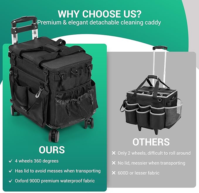 Large Rolling Cleaning Caddy Bag w/Detachable Trolley & Lid - Portable Cleaning Cart on Wheels w/Shoulder Strap & Waist Pouch - Cleaning Supplies & Tool Organizer for Home, Office, Car (Black)
