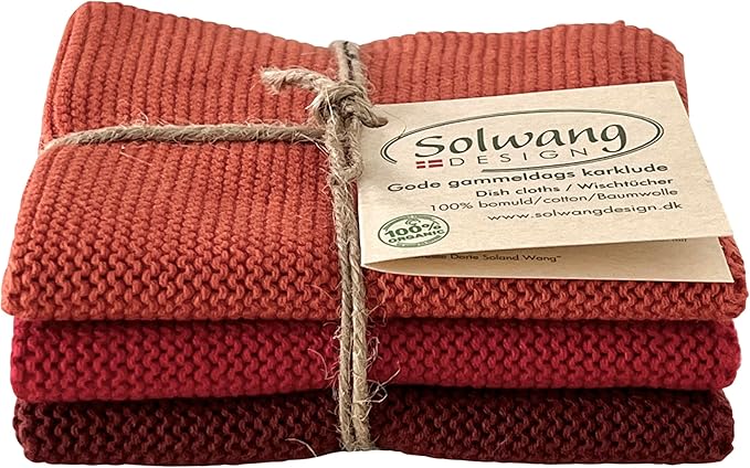 Solwang 3-Piece Danish Cotton Dishcloths in 100% Certified Organic Cotton Made in India (Burned Red Organic Combi)