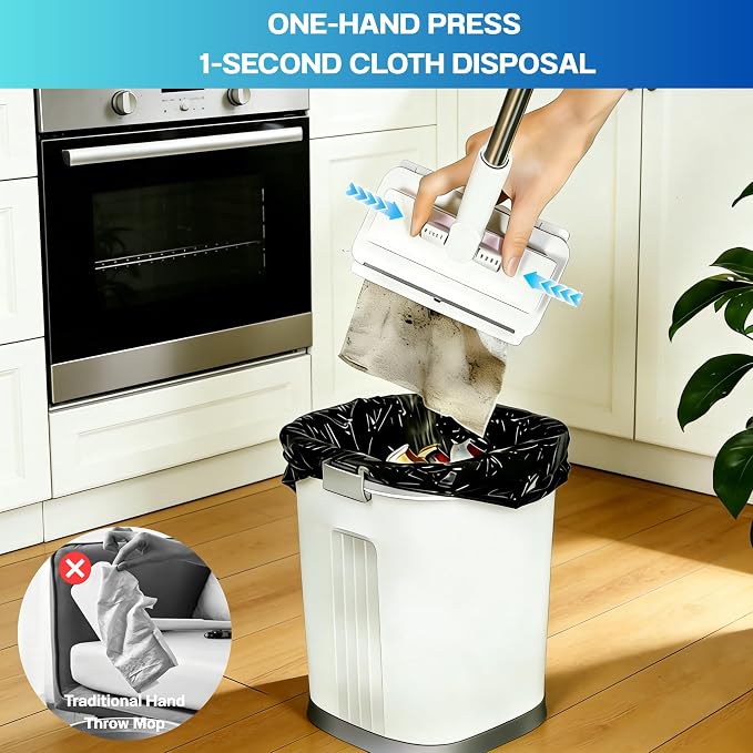 Mini Mop, Hands-Free One-Touch Pad Release, 360° Rotating Head, Wet & Dry, Extends Up to 48in Handle, Zero-Cost Old Cloth Compatible for Hardwood Floors, RV & Pet Hair