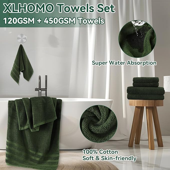 XLHOMO Dark Green Bathroom Set - Green Bathroom Accessories Set, 24PCS Bathroom Accessory Set with Shower Curtain, Bath Towels, Trash Can, Soap Dispenser, Green Bathroom Accessories for Home