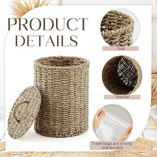 Ctosree 1.3 Gallons Small Trash Can with Lid Handle Boho Woven Braided Bathroom Waste Basket Trash Can with 100 Garbage Bags for Bedroom Office Laundry(Primary Color,Braided Straw Rope,Round)