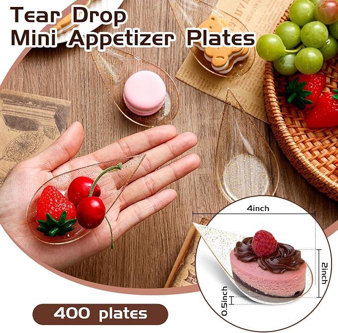 Tessco for you 400 Pcs 4" Tear Drop Appetizer Spoons Mini Appetizer Plates Reusable Tasting Spoons Plates Catering Supplies Disposable for Serving Small Desserts Cakes Bowls (Clear with Gold Glitter)