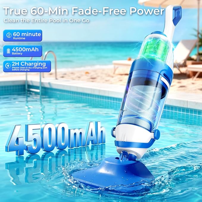 Pool Vacuum for Above Ground Pool, 1427 GPH Powerful Stable Suction, Telescopic Pole up to 90.7", 1H Runtime, Cordless Pool Vacuum for Inground Pools, Extra-Large Filter, Ideal for Leaves/Sand/Debris
