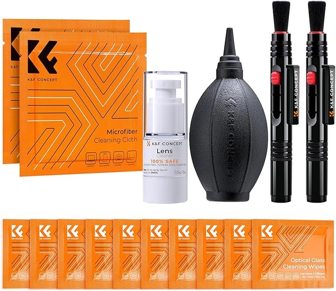 K&F Concept Camera Lens Cleaning Kit - 15ml Sensor Cleaner, Lens Pen Brush, Air Blower, Microfiber Cleaning Cloths & Lens Wipes for DSLR & Mirrorless Cameras and Sensitive Electronics