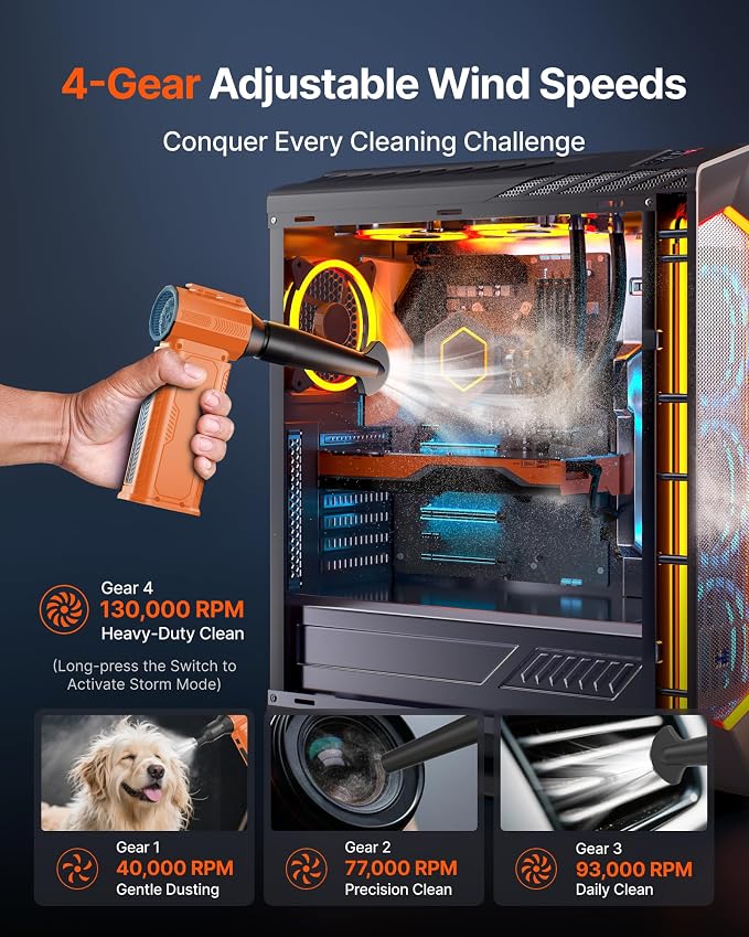 Compressed Air Duster, 130,000RPM Ultra-Powerful Cordless Electric Air Duster with 8000mAh Rechargeable Battery, 4-Gear Adjustable Air Blower for Keyboard, Computer, Car - Orange