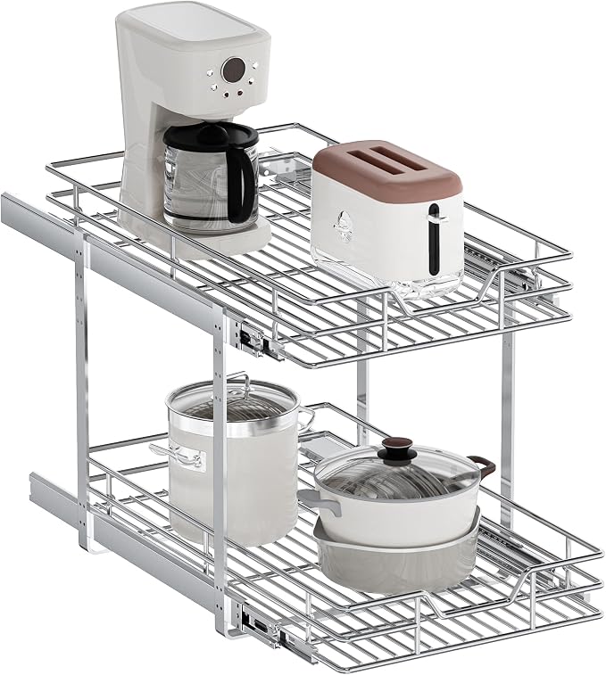 2-Tier Pull Out Cabinet Organizer, 16.5" W x 21.5" D, Heavy Duty Dual Slide Out Shelves for Base Cabinets, Chrome Wire Basket Drawer for Pantry, Kitchen & Bathroom Storage