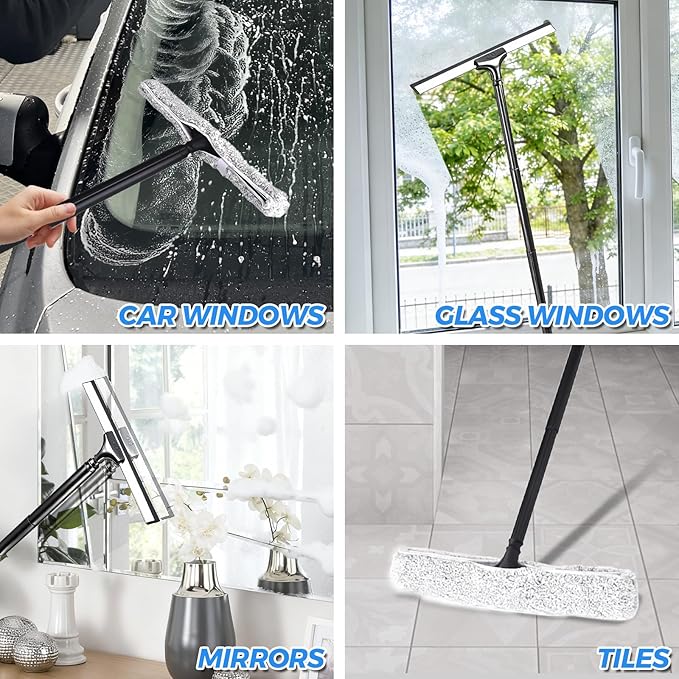 Tiiyee Window Squeegee for Home, 2 in 1 Window Washing kit with 57" Extension Pole Telescopic Shower Door Cleaner Tool Car Windshield Cleaning Long Handle for Glass Doors Floor Tile Wall 14 inch Wide