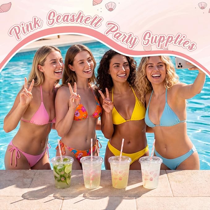 Domensi 25 Sets Seashell Themed Plastic Cups with Lids and Paper Straws 12oz Pink Ocean Disposable Drinking Cups Bulk for Cold Drinks Baby Shower Wedding Summer Theme Birthday Party Supplies