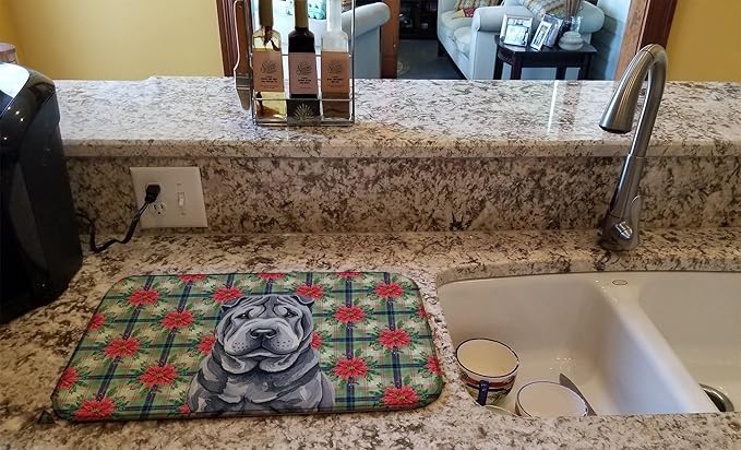 Caroline's Treasures Black Shar Pei Christmas PoinsettIas Dish Drying Mat Absorbent Dish Drying Mat Pad for Kitchen Counter Dish Drainer Mat for Countertop, 14 x 21", Multicolor