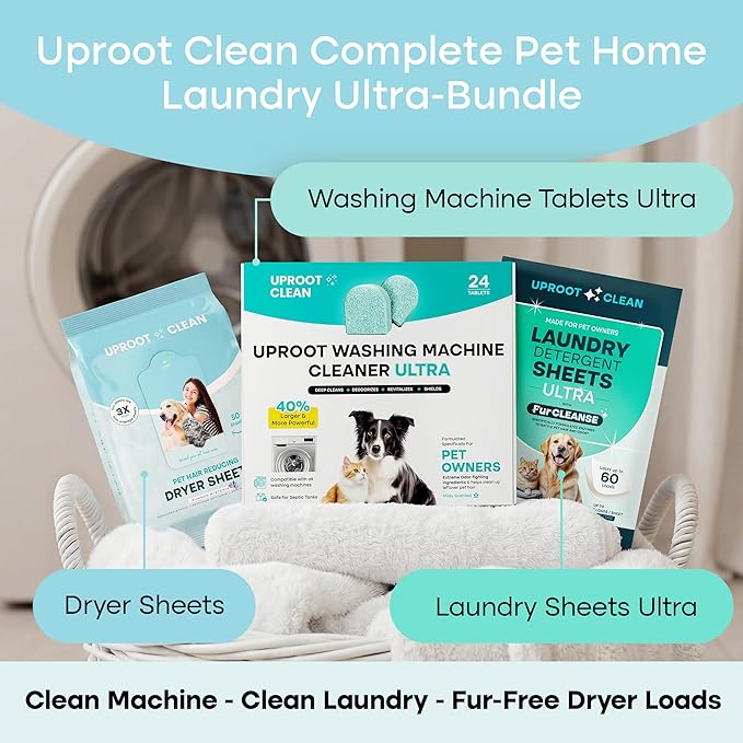 Uproot Clean Washing Machine Cleaner Tablets Ultra, Laundry Sheets Ultra, & Anti-Static Dryer Sheets Set: Deep-Clean Your Laundry Machine, Dissolve Odors & Residue, Repel Fur - Family & Pet Safe