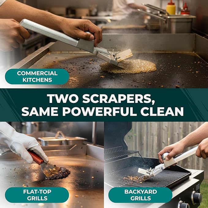 Heavy-Duty Griddle Scraper Kit – Griddle Scrapers for Flat Tops & Grill Scraper with Ergonomic Handles, Splash Guard, 4 Extra Blades for Effortless Burnt-On Grease Removal