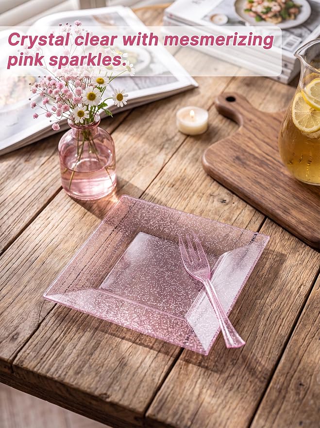 DaYammi 200 Pcs Pink Dessert Plates Including 100Pcs Appetizer plates 6'',100Pcs Plastic Forks 5.7'',Rose Glitter Plastic Square Plate for Wedding,Pink Cake plates and forks for Party Bridal Shower