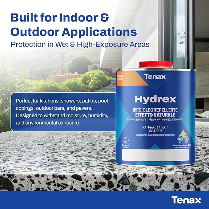 Tenax Hydrex Stone Sealer – Professional Penetrating Sealer for Granite, Marble, Natural Stone & Concrete – Stain & Water Protection for Countertops, Tile, Indoor & Outdoor Surfaces – 1 Quart