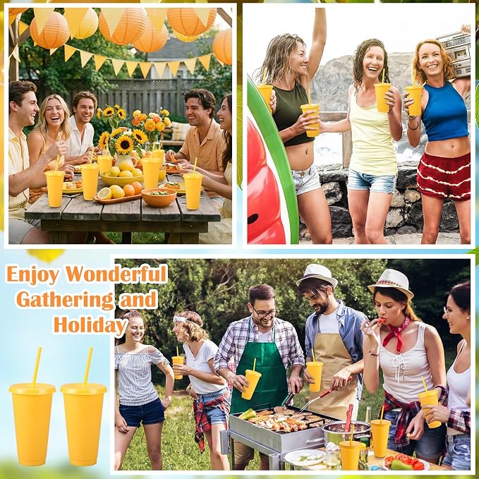 Honeydak 30 Pack Tumbler with Straw and Lid Bulk Cups for Gifts Water Bottle Iced Coffee Travel Mug Cup Reusable Plastic Tumblers for Party Birthdays 24-27 oz (Yellow Color)